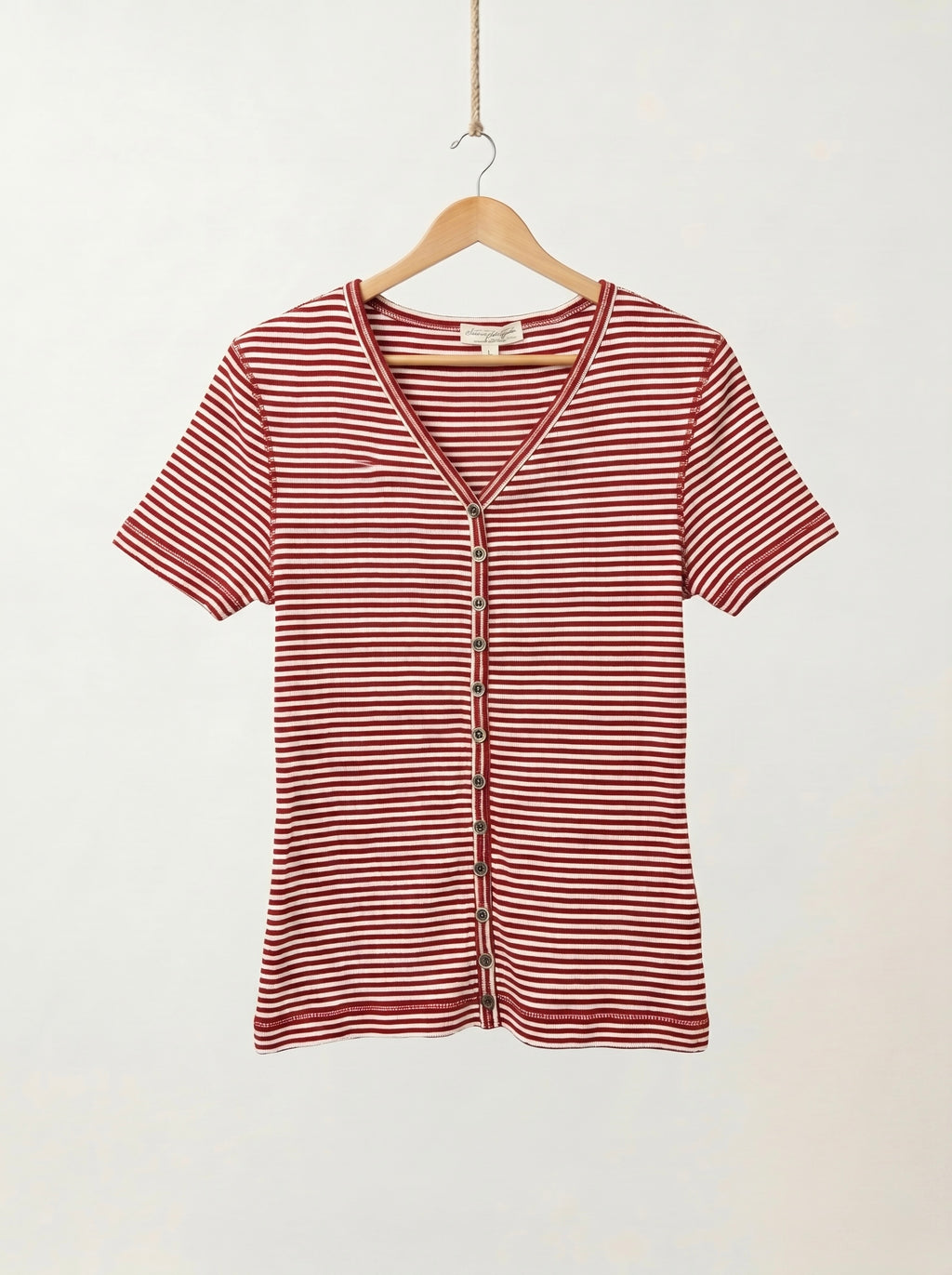 Red & White Striped Button Up T-Shirt