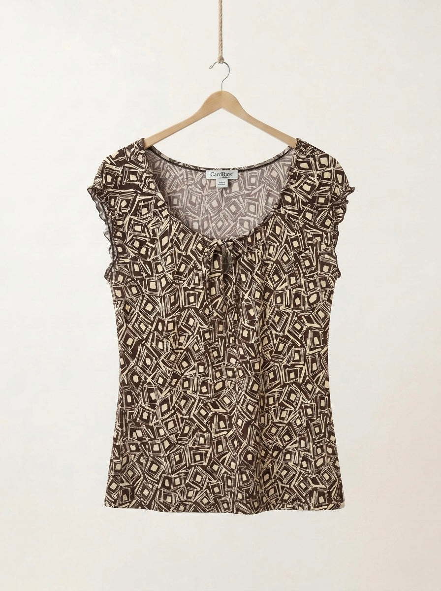 Brown Print Front Tie Babydoll Top