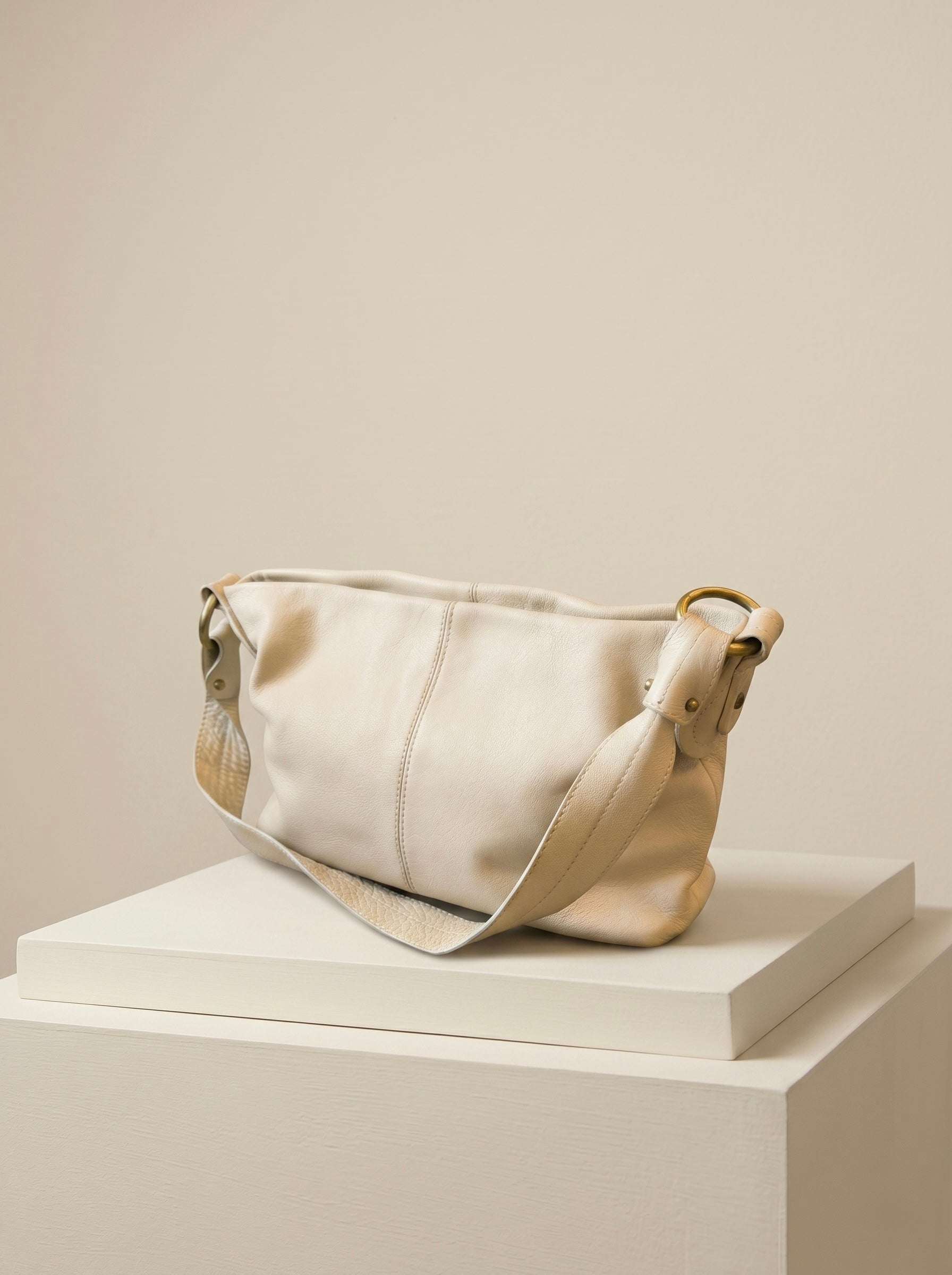 Cream Leather Hobo Shoulder Bag