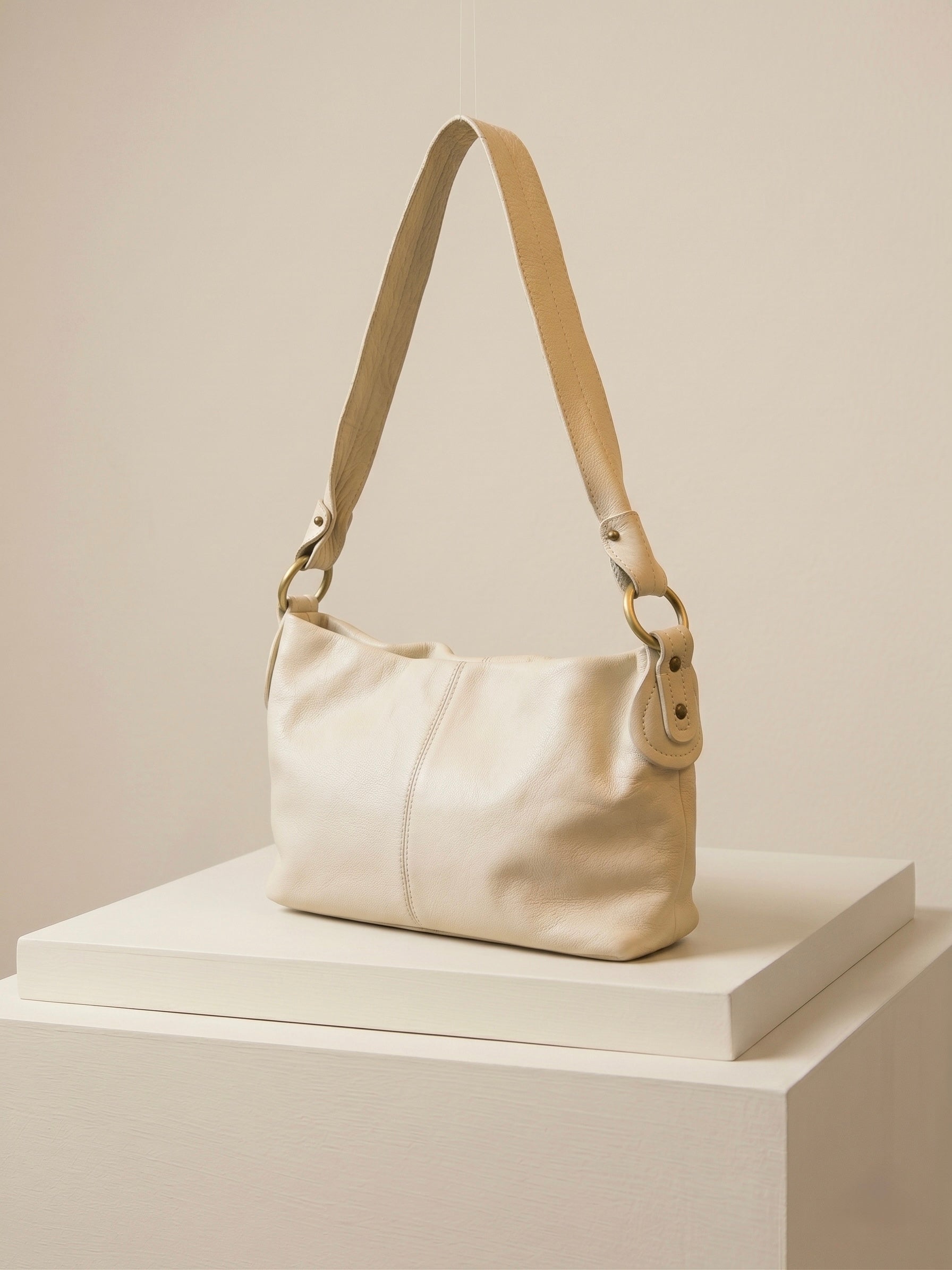 Cream Leather Hobo Shoulder Bag