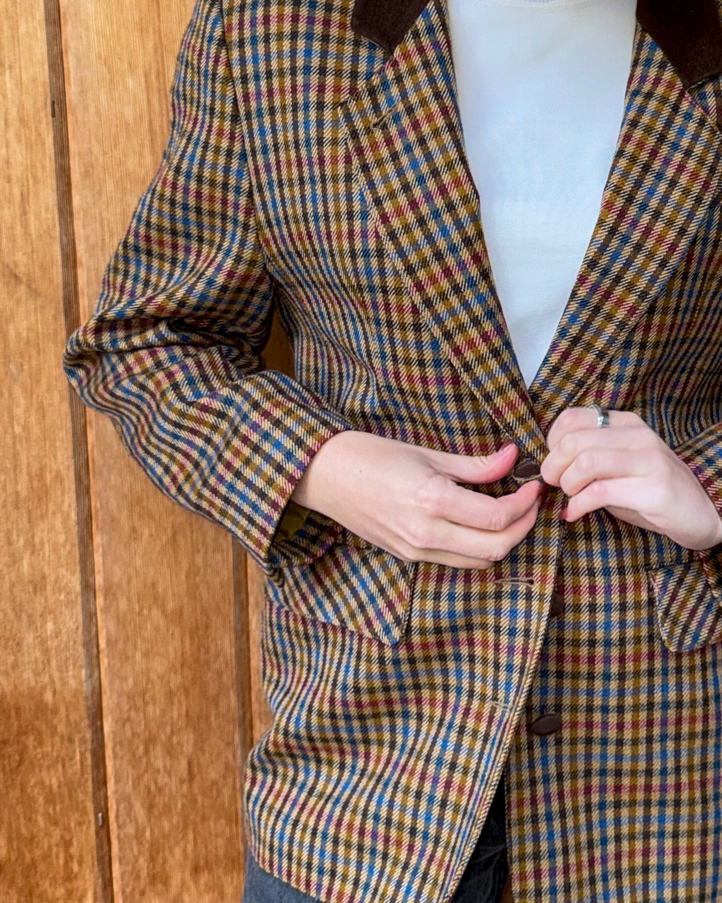 Plaid Blazer Jacket with Brown Collar