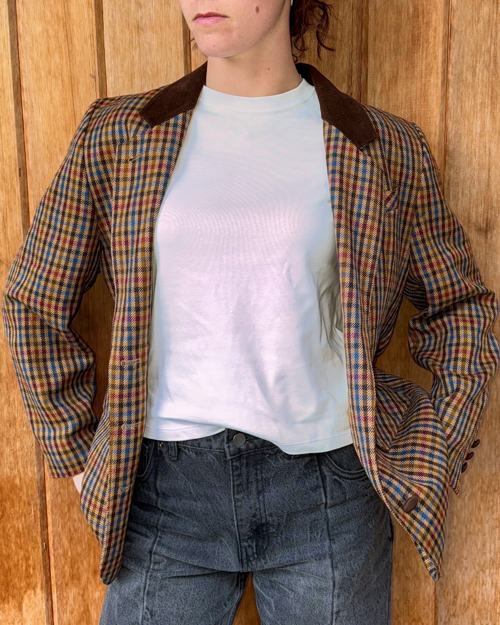 Plaid Blazer Jacket with Brown Collar