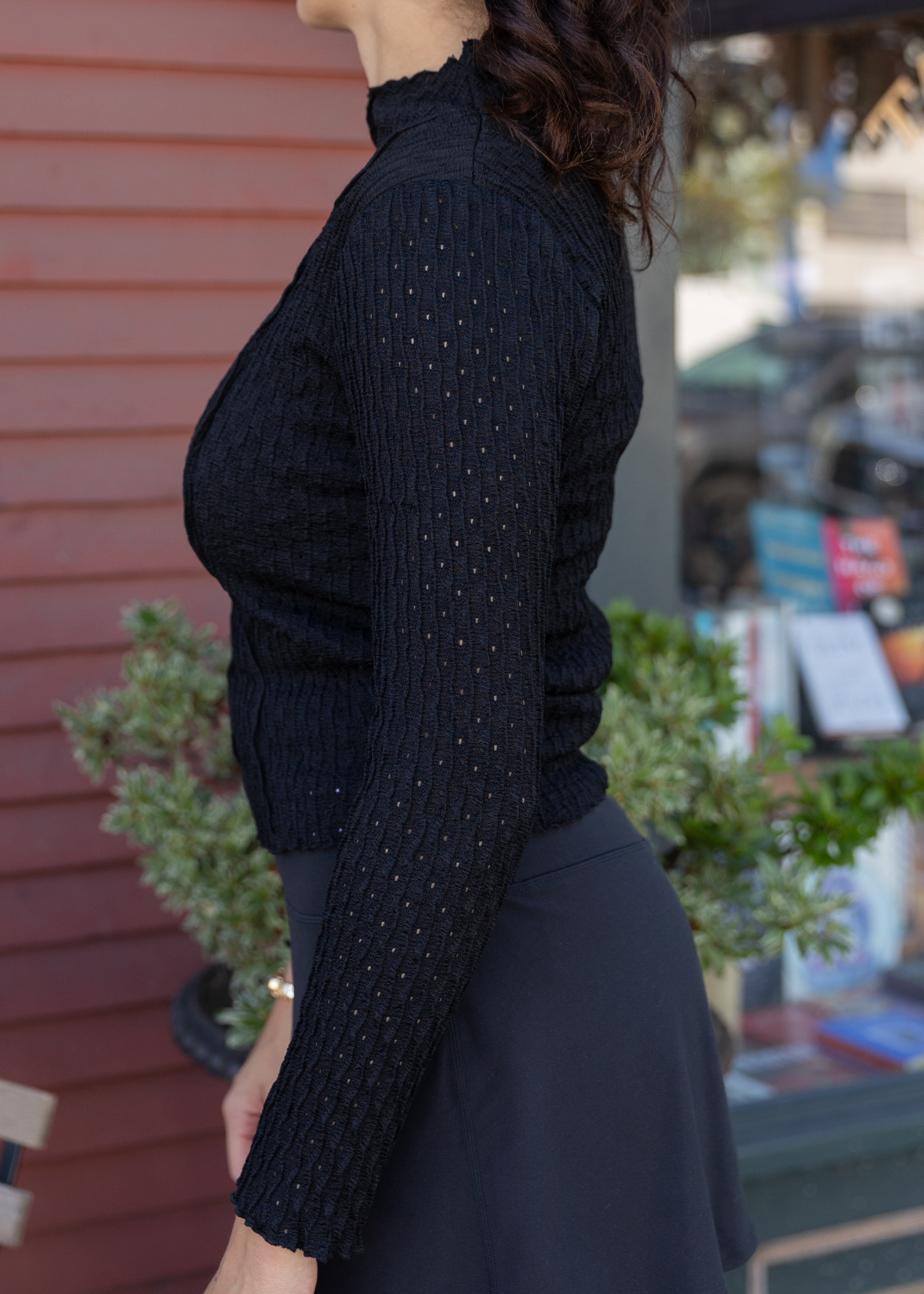 Black High Neck Textured Long Sleeve