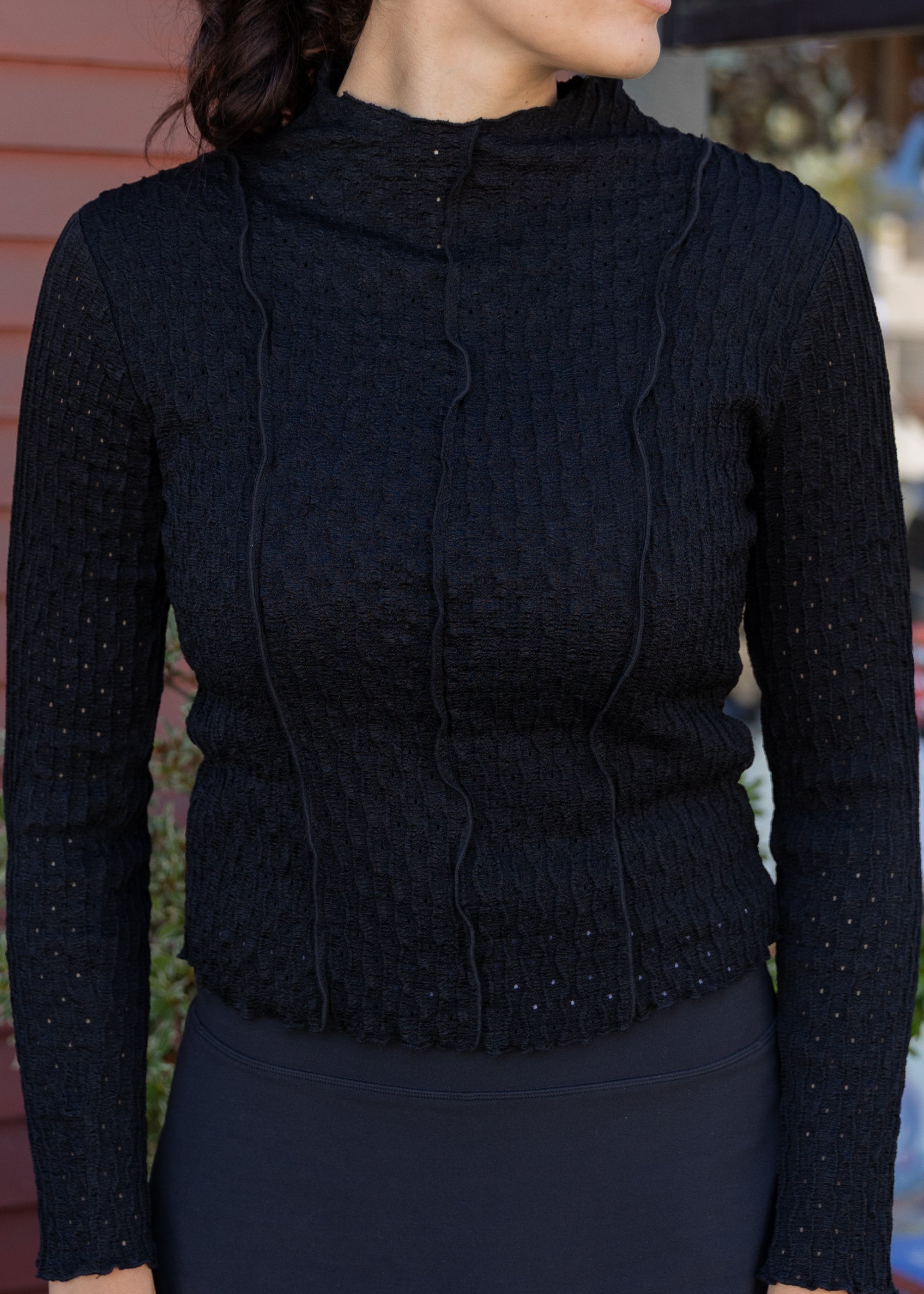 Black High Neck Textured Long Sleeve